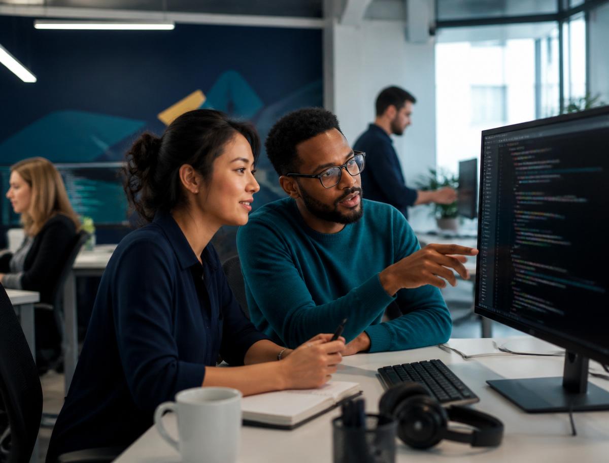 7dB IT Services team collaborating on code in a modern office